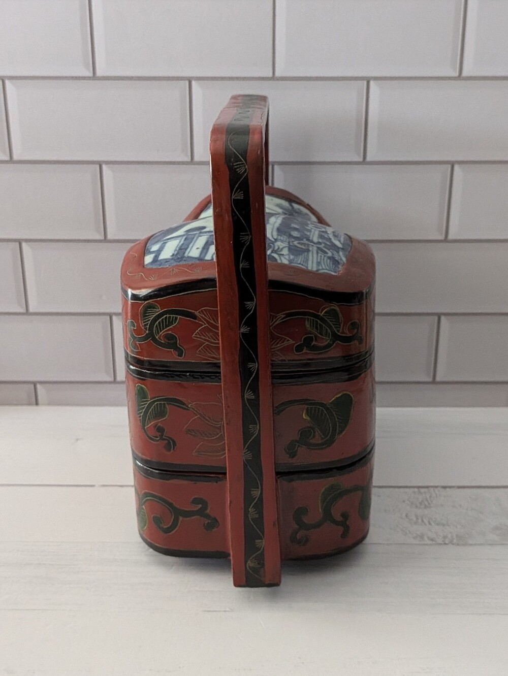 Antique Chinese Wedding Basket, Chinese lunchbox, Porcelain Plaque Insert - Picture 9 of 12